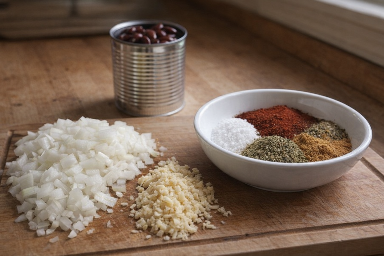A wooden cutting board featuring diced onions and minced garlic next to a bowl filled with a blend of chili powder, cumin, oregano, salt, and pepper. A can of drained and rinsed kidney beans sits in the background
